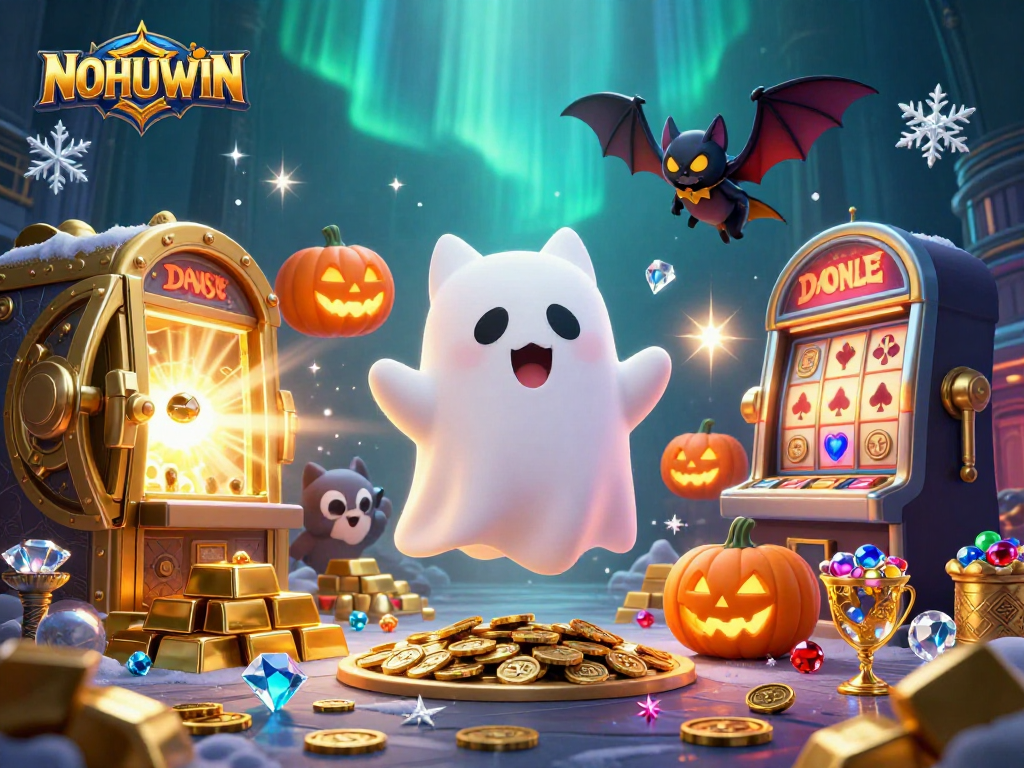 NOHUWIN brings excitement with a ghost cat in a haunted casino surrounded by winning slots and treasures.