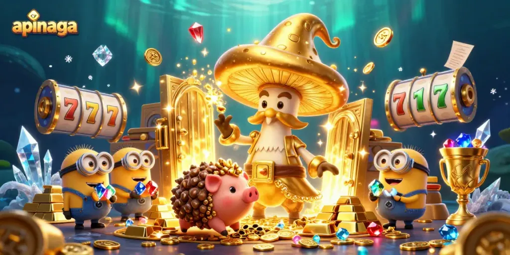 Spin to win at apinaga with vibrant treasures, golden wizard, and immersive casino excitement.