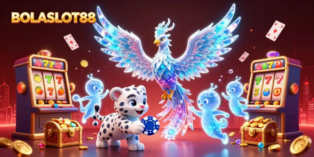 Experience the thrill of BOLASLOT88 with an ice phoenix and magical casino elements.