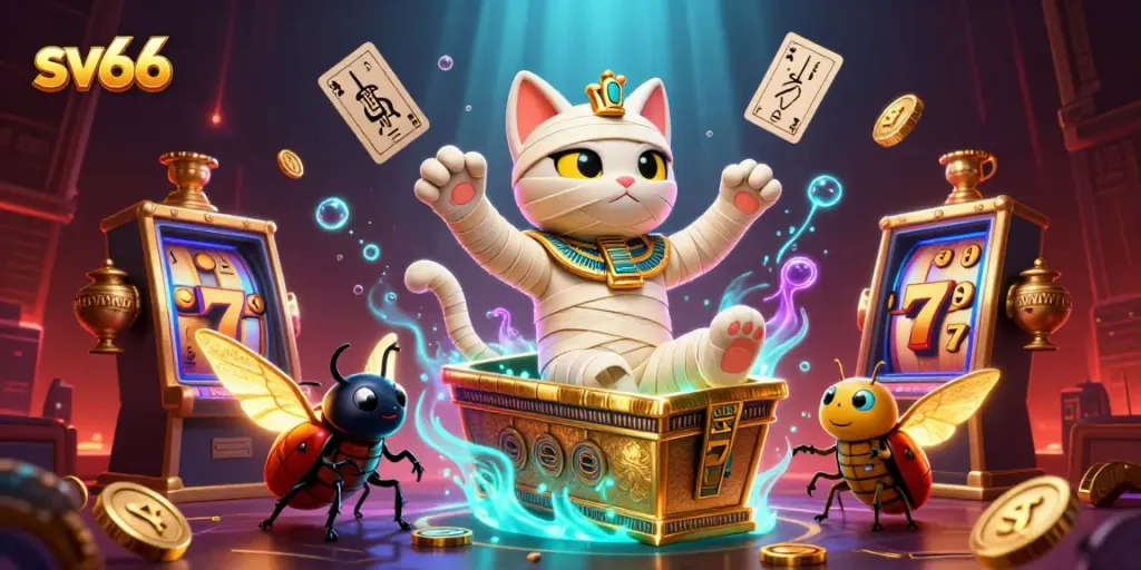 Experience thrilling slots adventures at sv66 with a dynamic scene featuring a mummy cat and golden treasures.