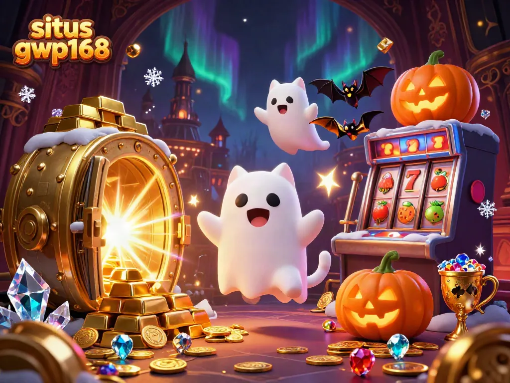 Gambarlah situs gwp168 yang menampilkan kucing hantu mengambang di kasino dengan elemen slot dan harta karun.