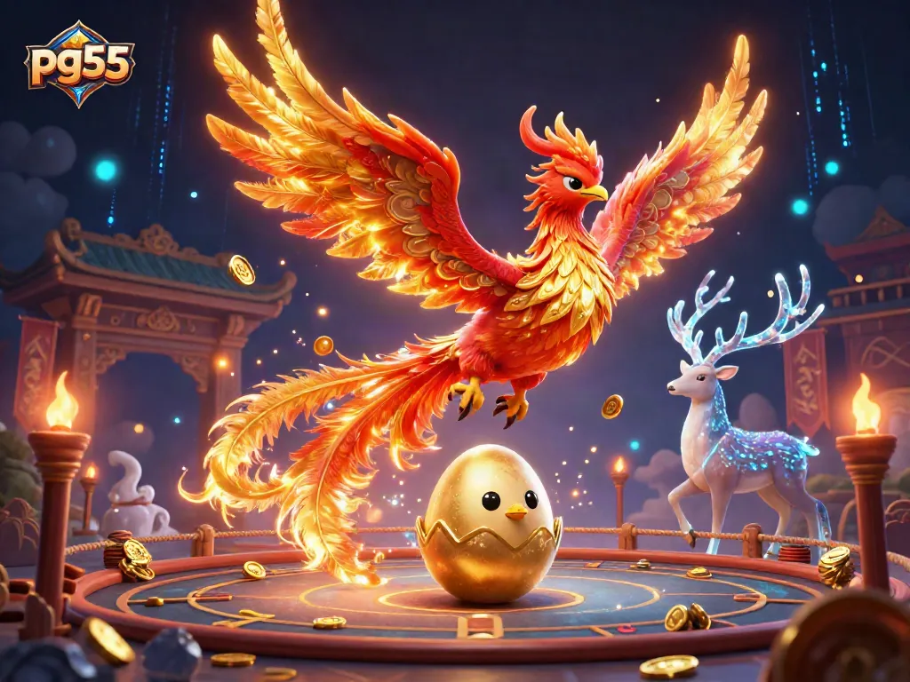 Experience winning thrills with pg55 at a vibrant online casino featuring a phoenix and mystical stag.