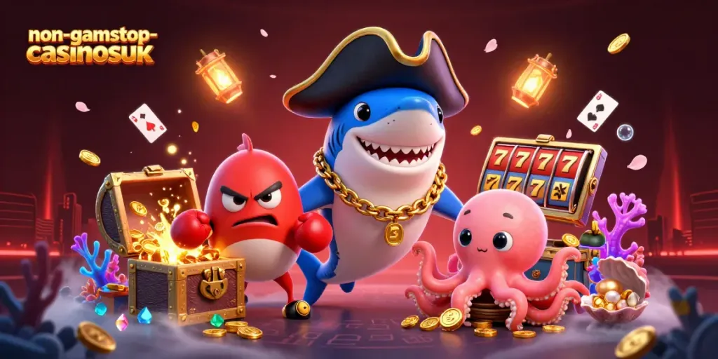 Experience thrilling action at non-gamstop-casinosuk with a cartoon pirate shark carrying gold coins and surrounded by vibrant casino elements.