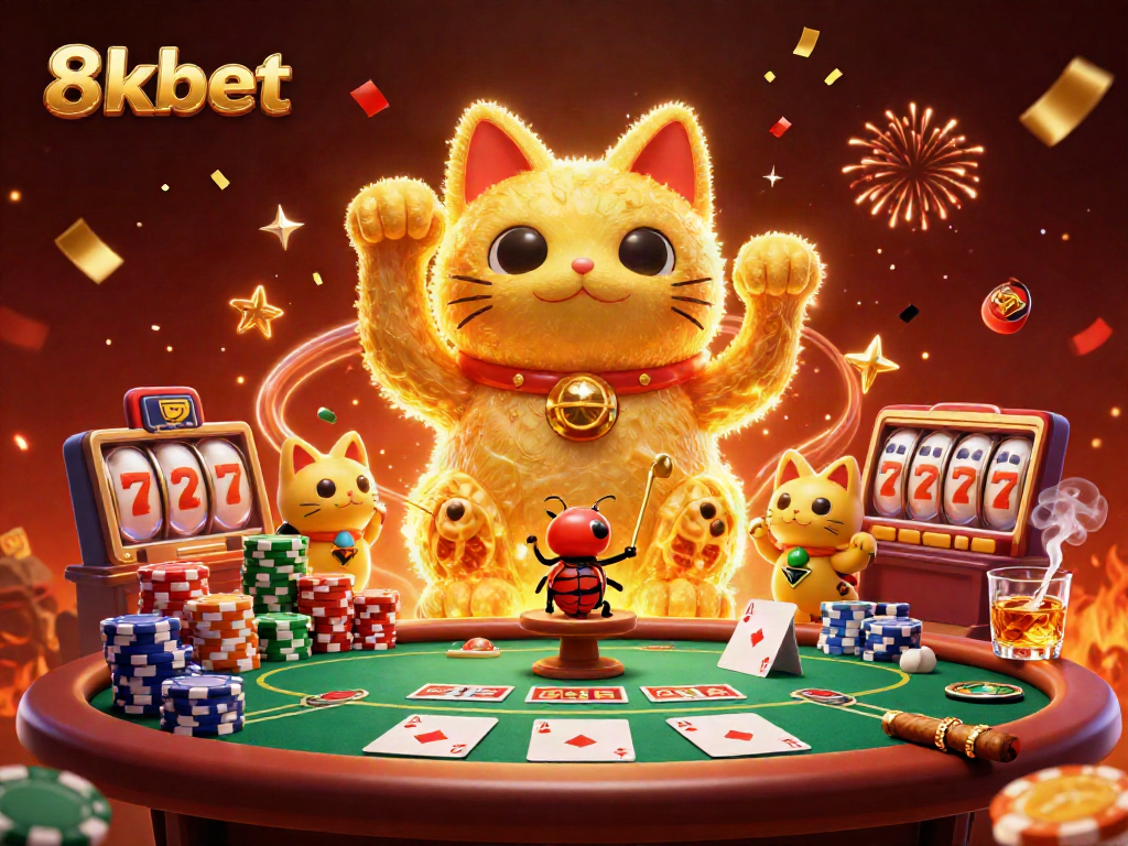 Experience the charm of 8xbet with a dynamic depiction of a lucky cat, poker elements, and vibrant celebrations.