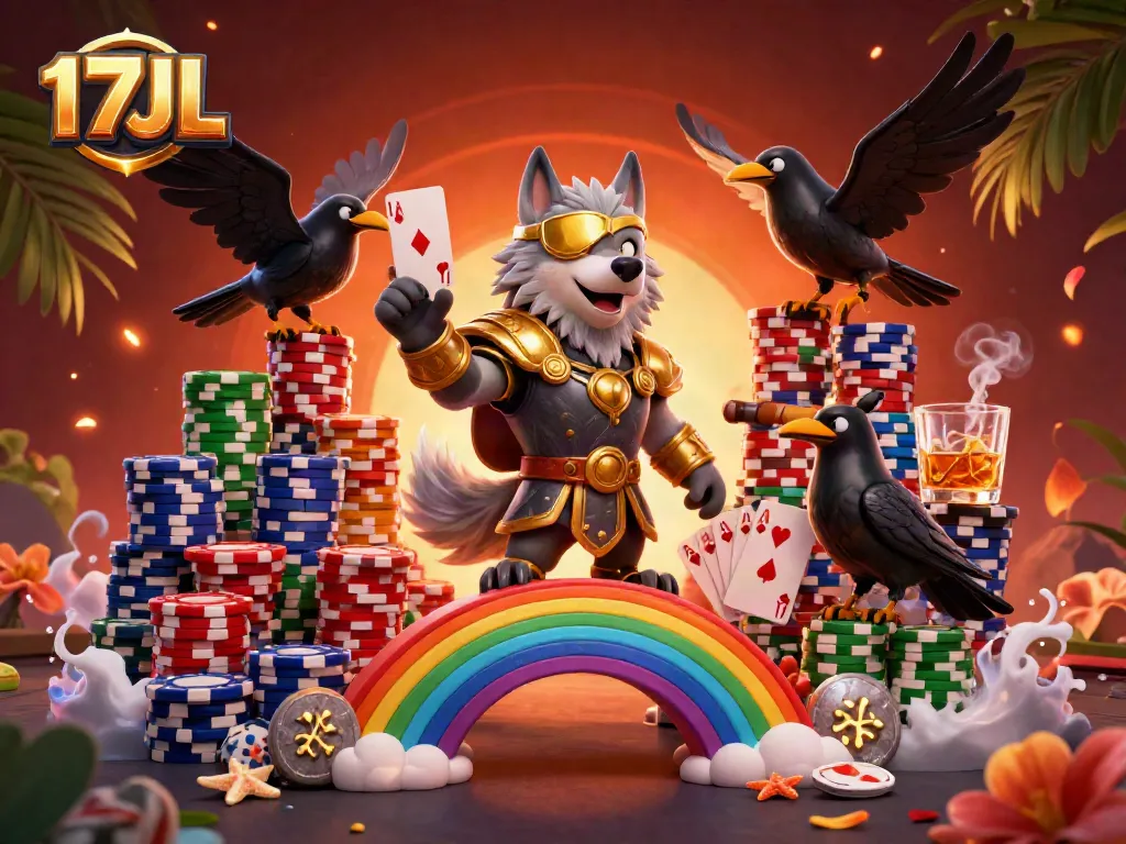 17JL presents a vibrant casino scene with Odin and his ravens amidst poker elements and shimmering chips.