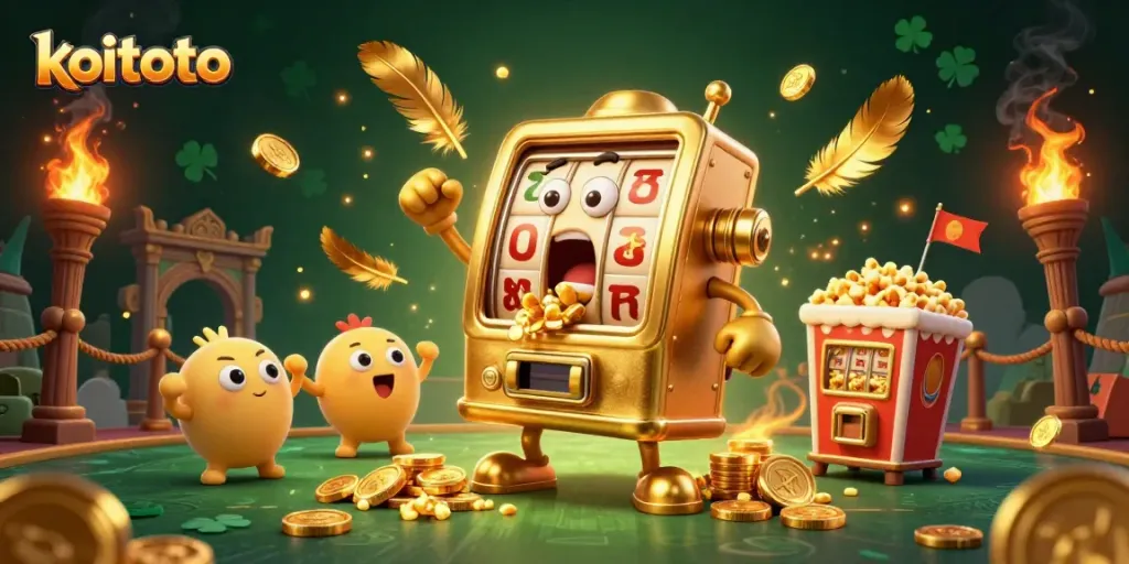 Koitoto slot machine celebrates a jackpot as coins spill, surrounded by cheering mini slots and popcorn, depicting vibrant gambling excitement.