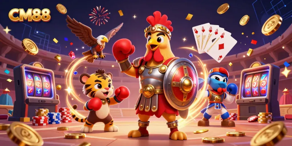 Experience thrilling gameplay at CM88 with a 3D rooster warrior amidst cascading coins and vibrant casino elements.