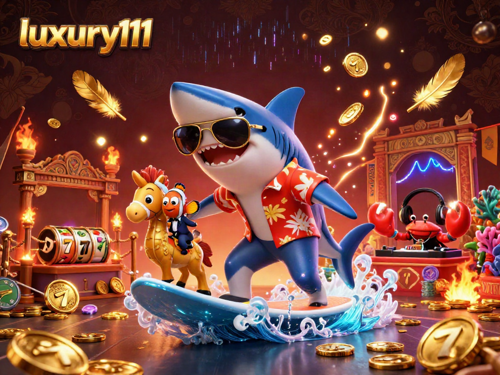 Experience luxury111 with a thrilling casino adventure featuring a shark surfing on gold coins.