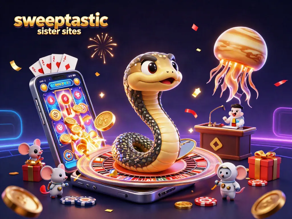 Sweeptastic sister sites feature astronauts gambling on a cosmic roulette wheel with colorful slot games.