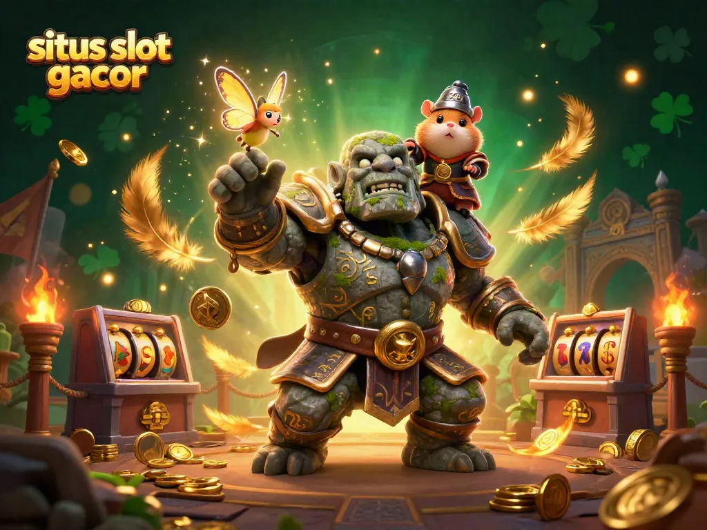 Situs slot gacor scene showcasing a magical golem, fairy, and knight amidst slot machines and coins.