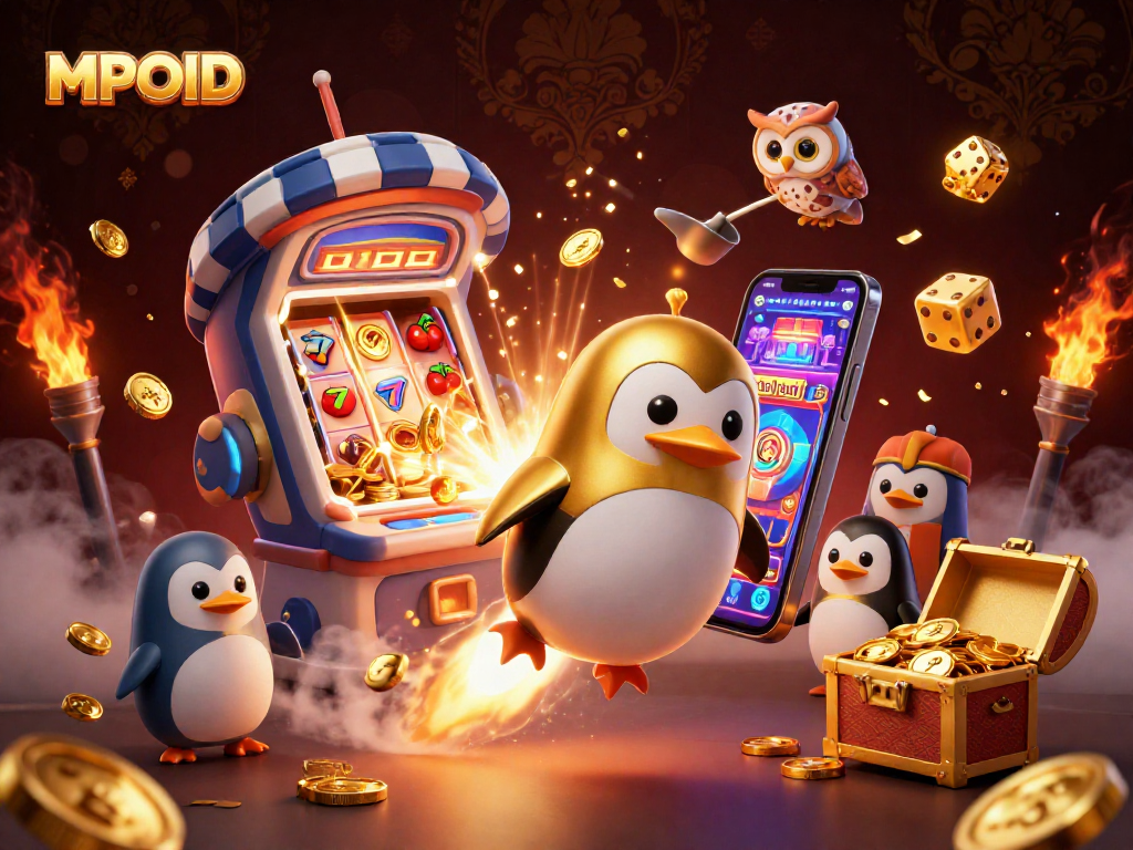 MPOID offers an exciting gaming experience with a golden penguin and jackpot rewards amidst a vibrant casino scene.