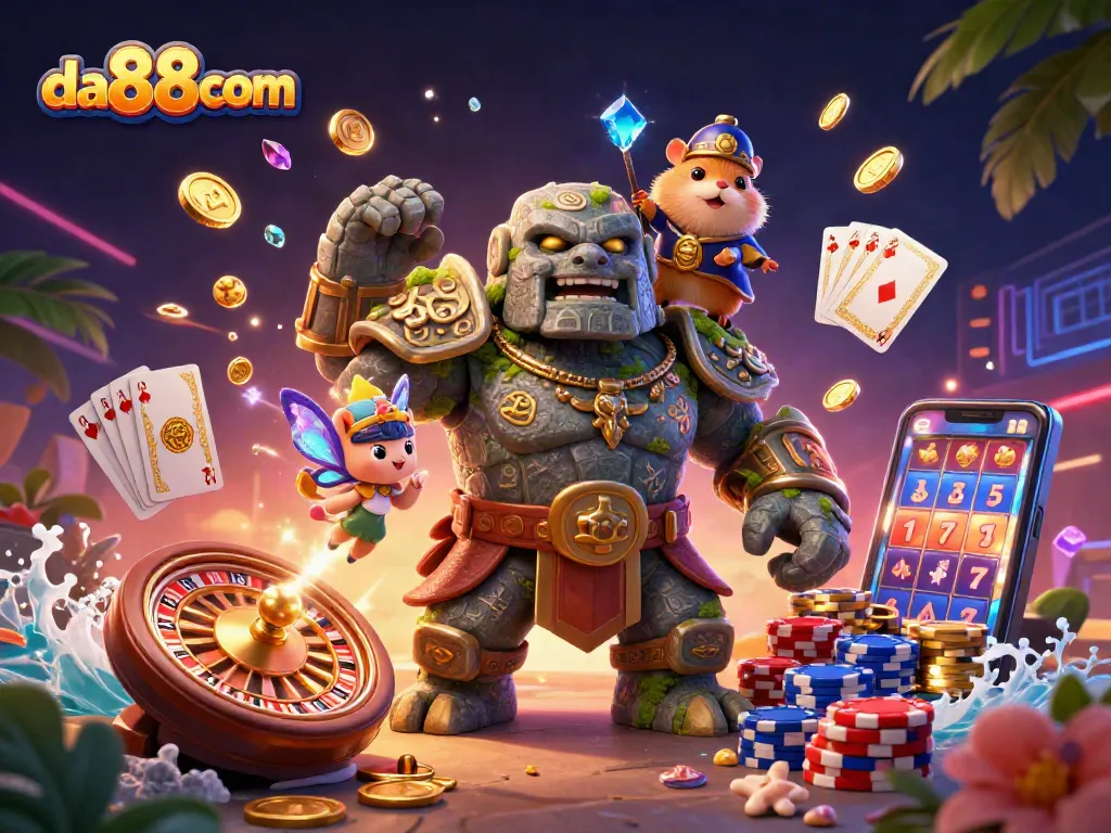 Experience the excitement at da88com with the golem guardian and magical elements in a vibrant casino scene.