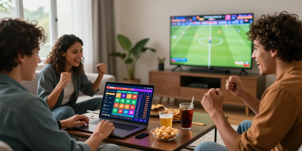 Friends enjoying AMANAHTOTO online betting session in a lively living room.