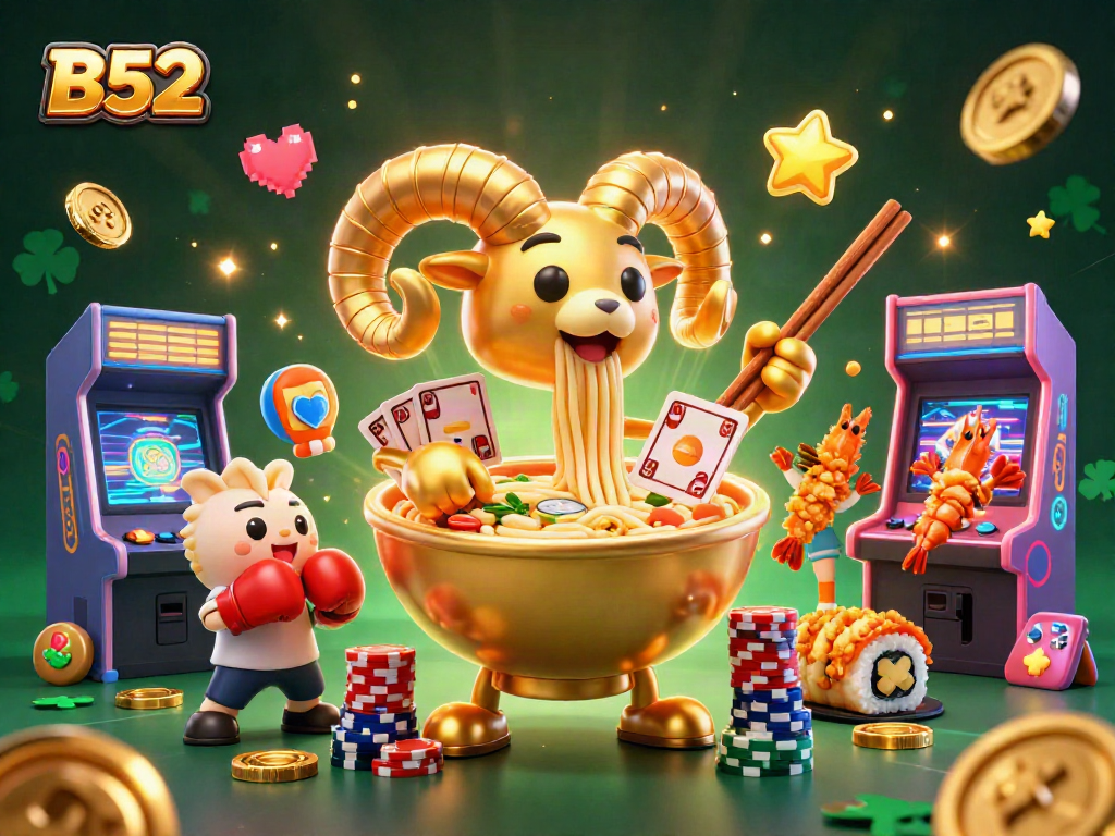 Bet on B52 with a vibrant 3D illustration featuring a golden ramen bowl dealing cards in a lively casino atmosphere.
