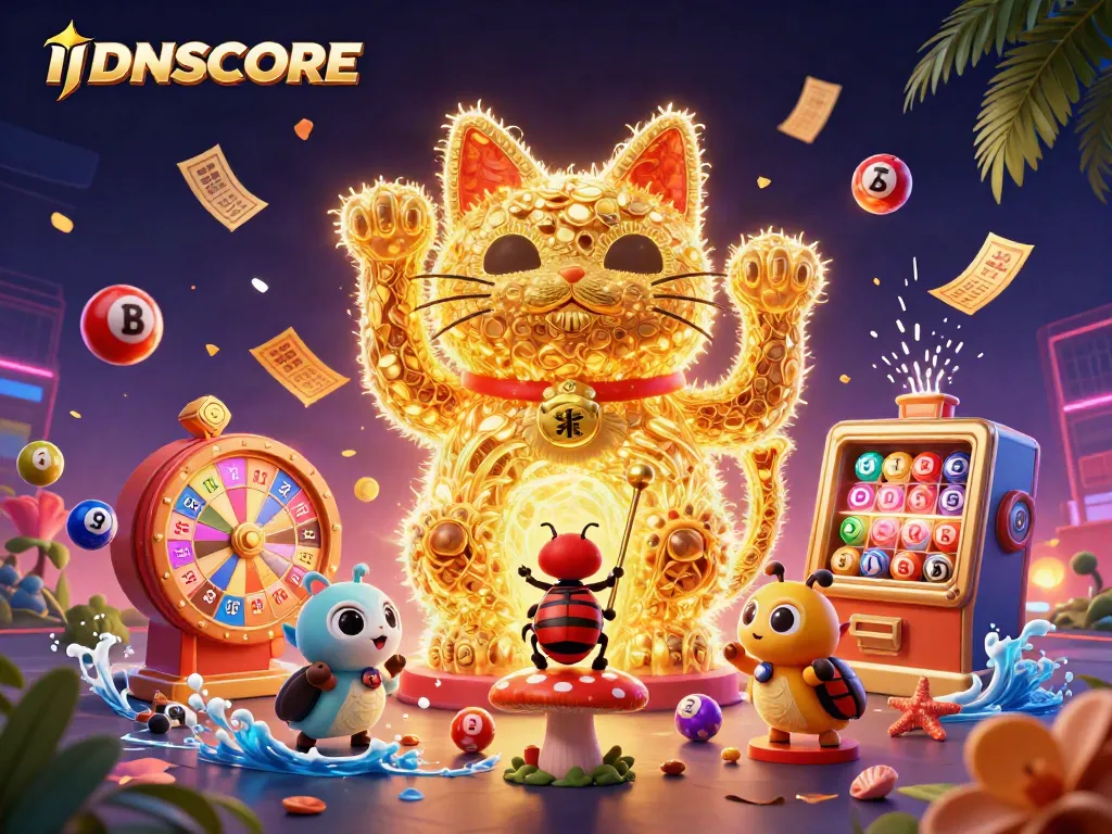 Engage with IDNSCORE through vibrant 3D casino art showcasing a golden lucky cat surrounded by dynamic game elements.