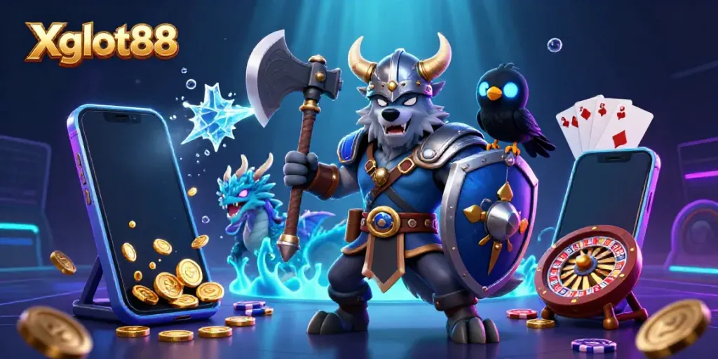 Permainan slot Xgslot88 dengan prajurit wolf Viking dan naga, dikelilingi elemen permainan.
