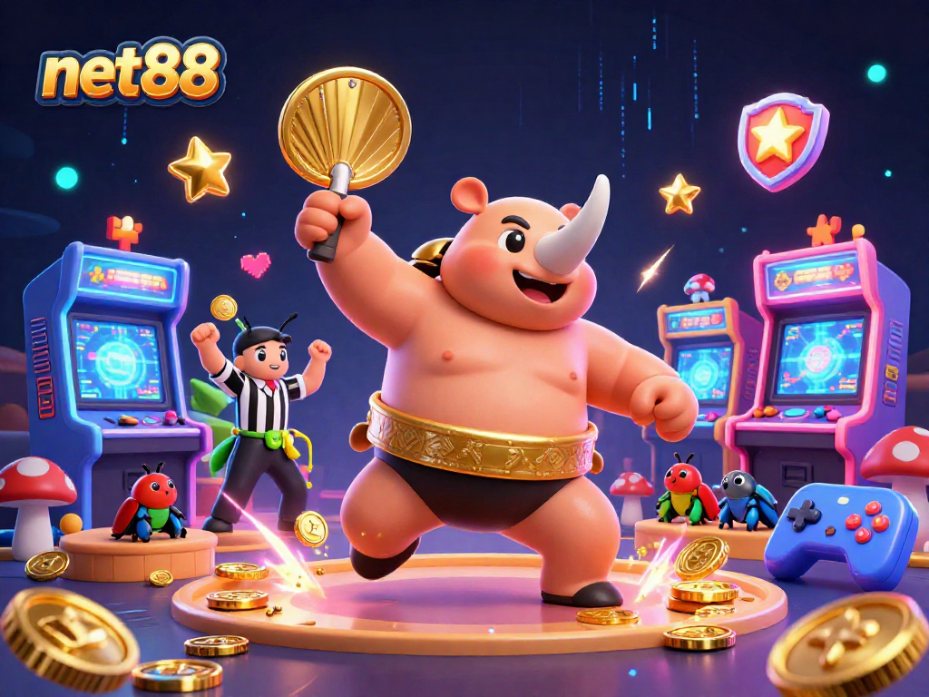 Engage with net88’s dynamic casino adventure featuring a sumo beetle champion amidst colorful arcade gaming elements.