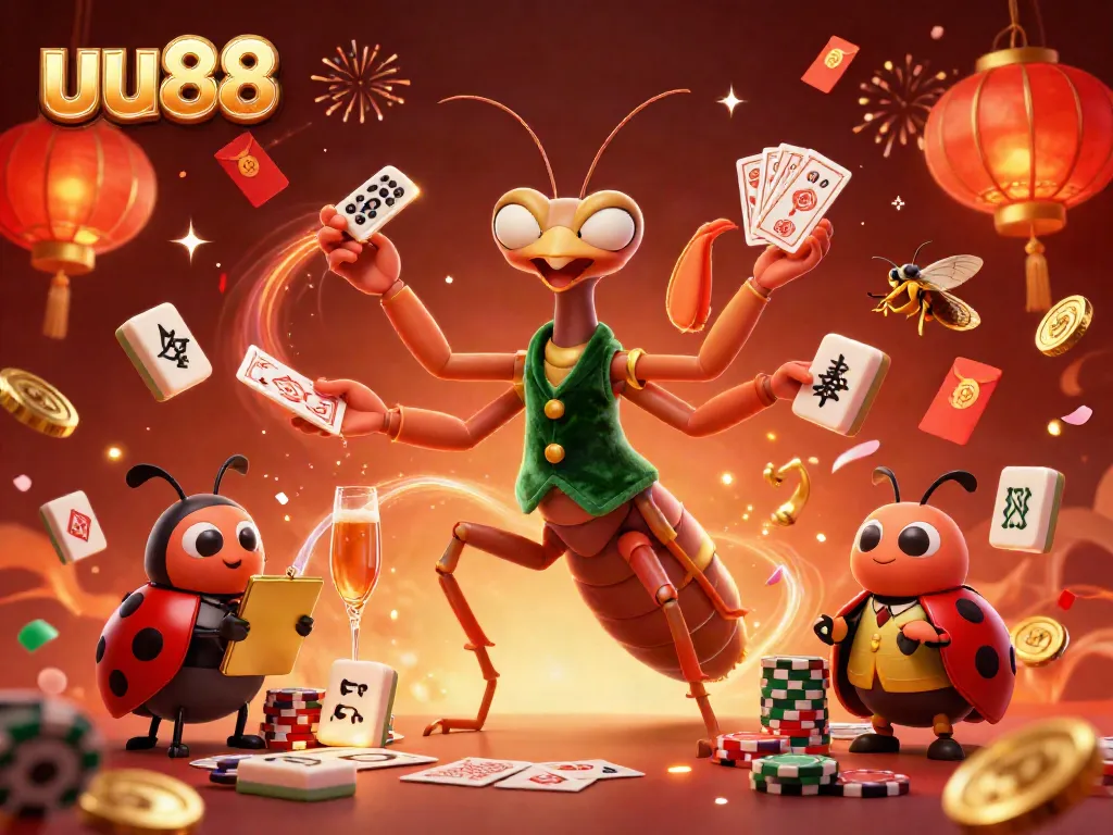 Experience exhilarating casino action with uu88 through this vibrant 3D illustration of a mantis dealer.