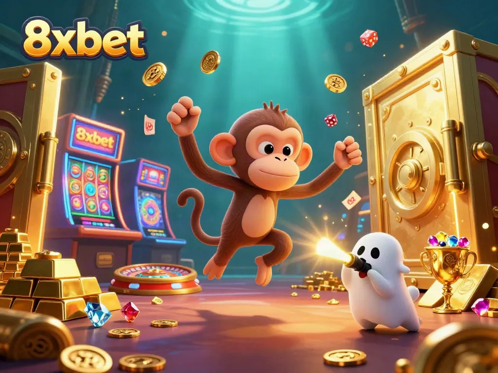 Experience the excitement of 8xbet with a playful poltergeist monkey and ghost-hunter puppy in a lively casino display.
