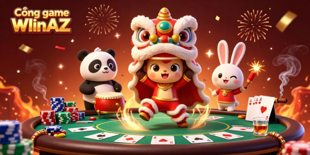 Cổng game WIinAZ showcases a vibrant scene of characters celebrating, with poker elements enhancing the festive atmosphere.