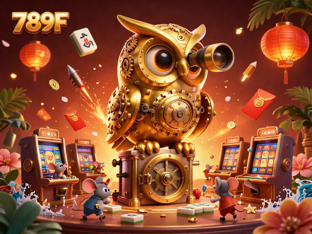 Experience thrilling slots at 789F with a vibrant casino scene featuring cartoon owls and lucky symbols.