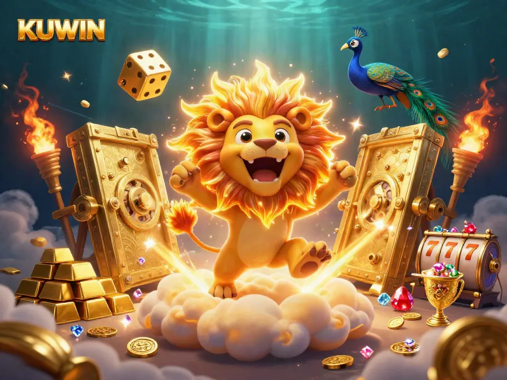 Experience thrilling luck at KUWIN with dynamic slot reels and vibrant treasures in a stunning 3D casino scene.
