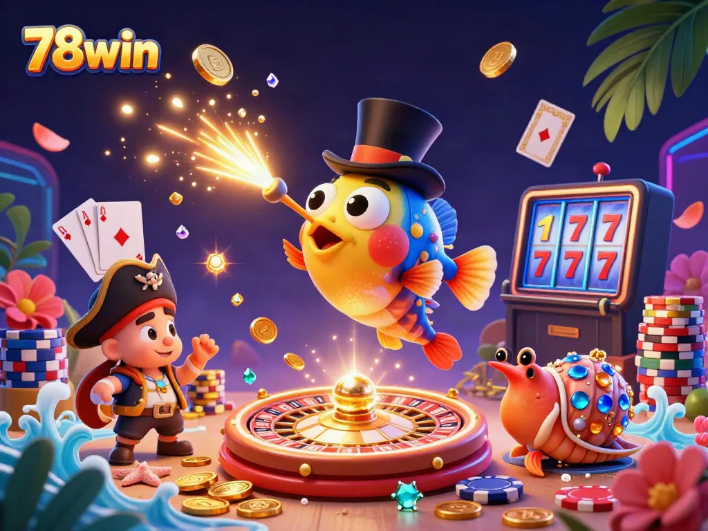 Experience the thrilling casino world of 78win with animated characters attracting treasures amid vibrant gaming elements.