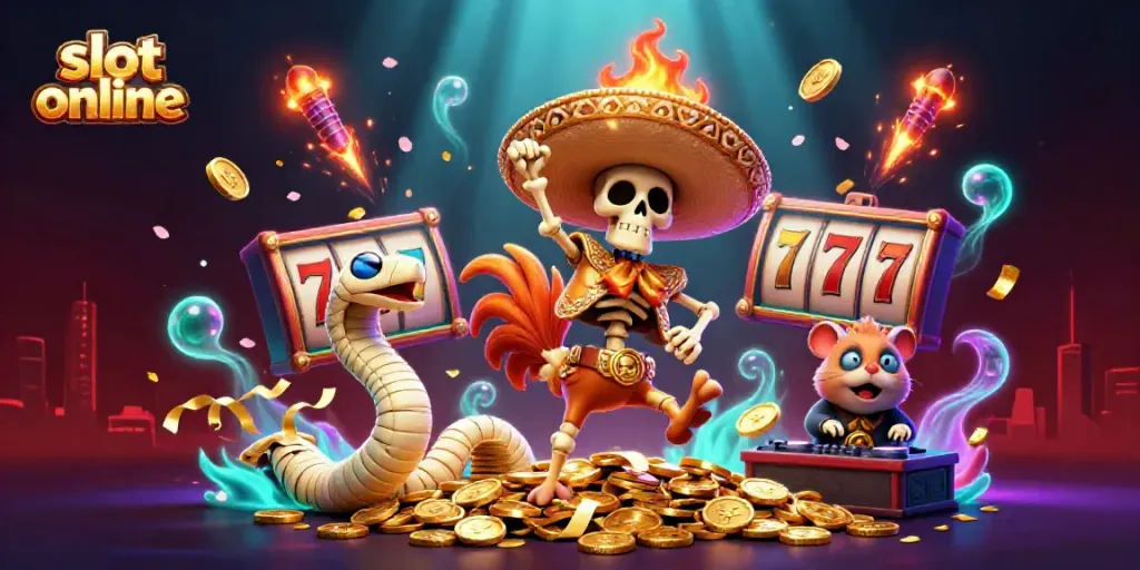 Witness a lively scene of a skeleton mariachi rooster celebrating on jackpot coins while spinning slot online.