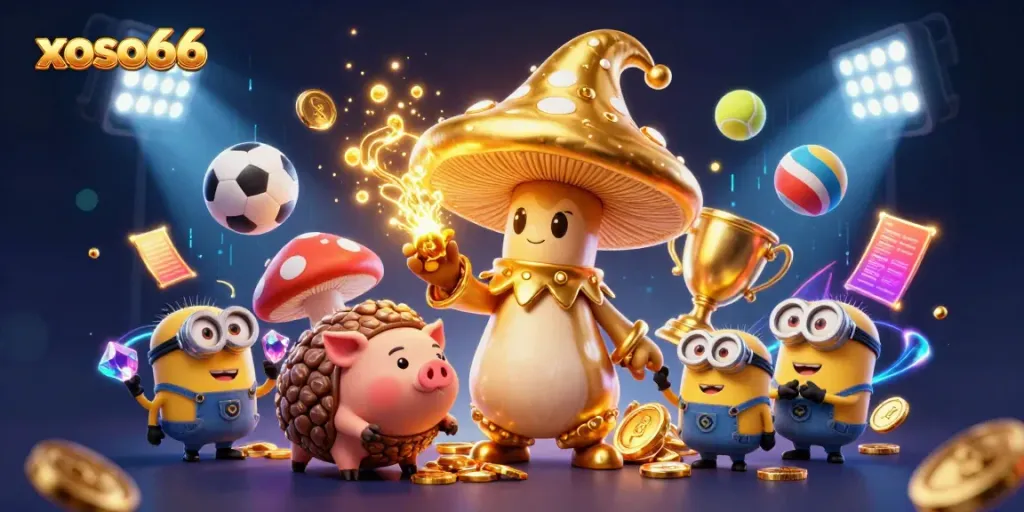 Xoso66 magical casino scene featuring a golden mushroom wizard casting spells, sports betting elements, and treasure