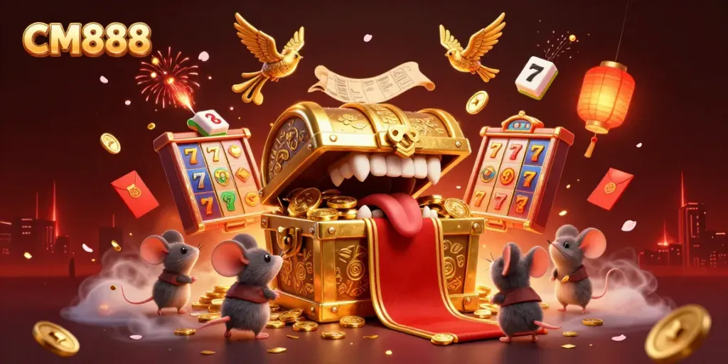 Engage with CM888's thrilling slot gameplay featuring a treasure chest, golden coins, and vibrant game elements.