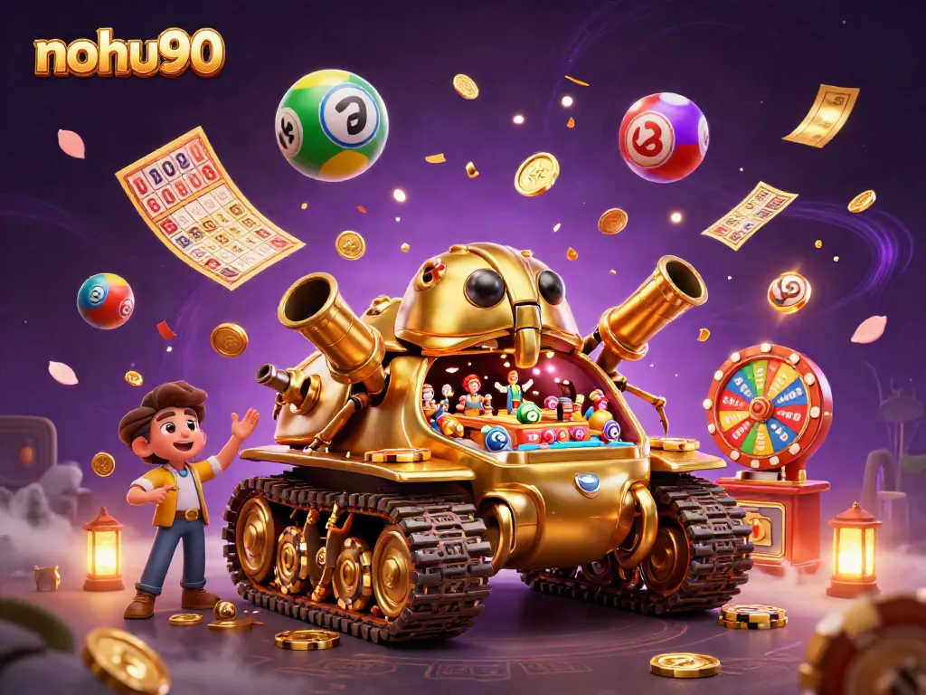 Engage with nohu90 in this vibrant 3D casino scene featuring a golden beetle tank and colorful lottery elements.