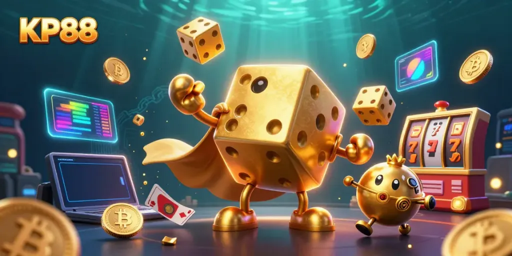 Engage with KP88: a captivating scene featuring a golden dice golem and crypto elements in a vibrant casino atmosphere.