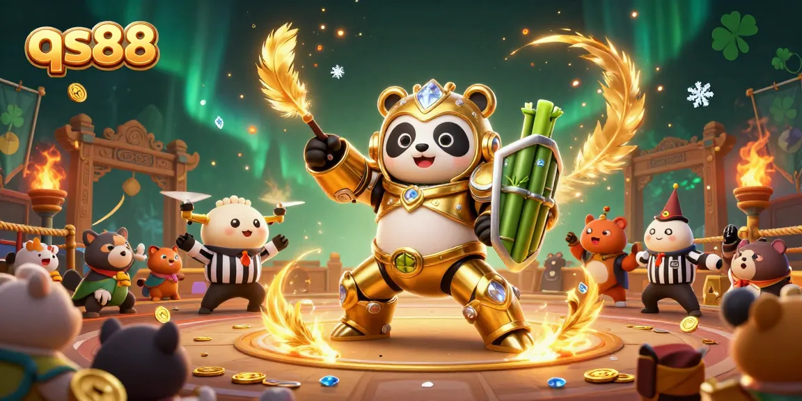 Experience thrilling gameplay at qs88 with a vibrant, packed 3D illustration showcasing a mech-suit panda in an exciting arena.
