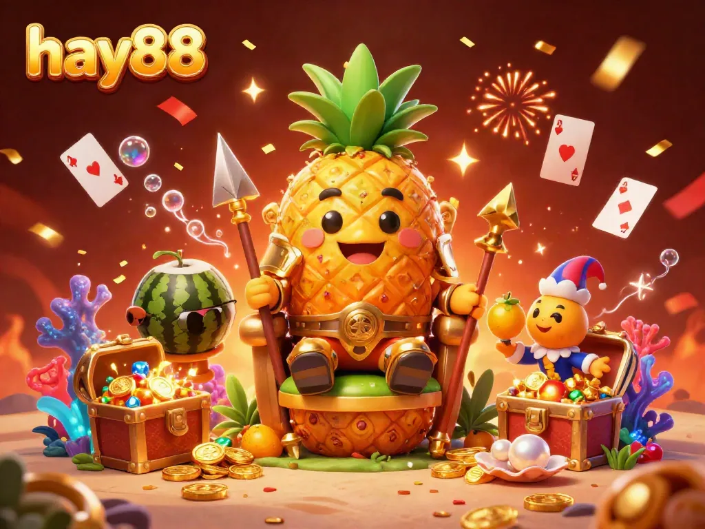 Experience the vibrant casino world of hay88 with a golden pineapple king and colorful gaming elements.