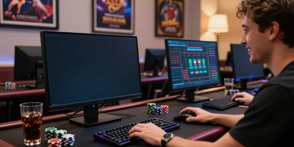 Experience the thrill of credit card casinos UK through an excited player engaging with online gambling.