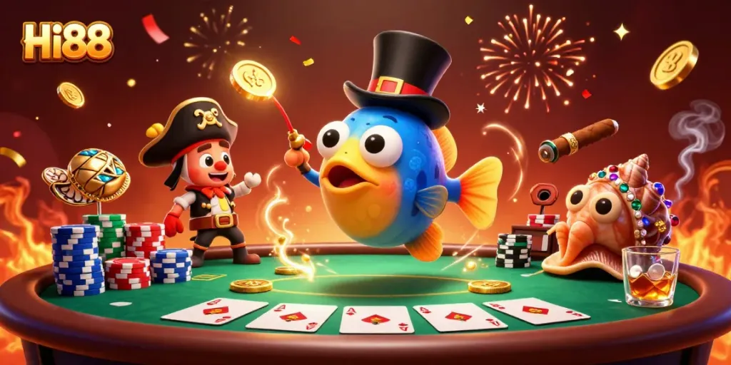 Hi88 captures the excitement of a vibrant casino scene with glowing coins attracting players