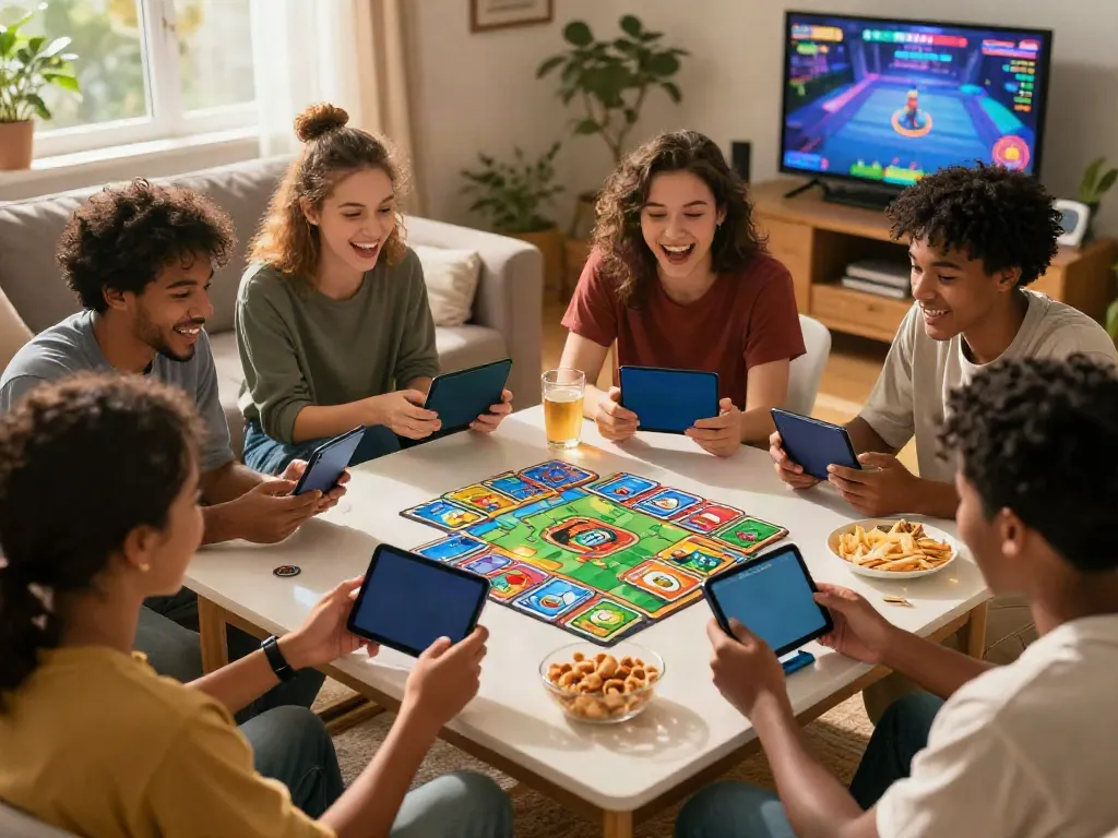 Excited friends playing the Rumble Rummy app on mobile devices in a cozy living room setting.