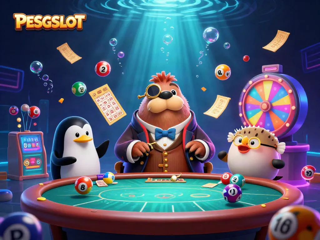 PESGSLOT invigorates gameplay with an underwater poker scene featuring a walrus, penguin dealer, and bluffing pufferfish.