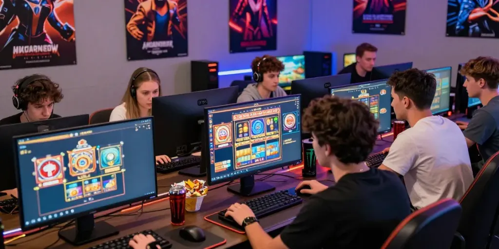 Players enjoying an immersive gaming experience at bro138, showcasing vibrant slot games and camaraderie.