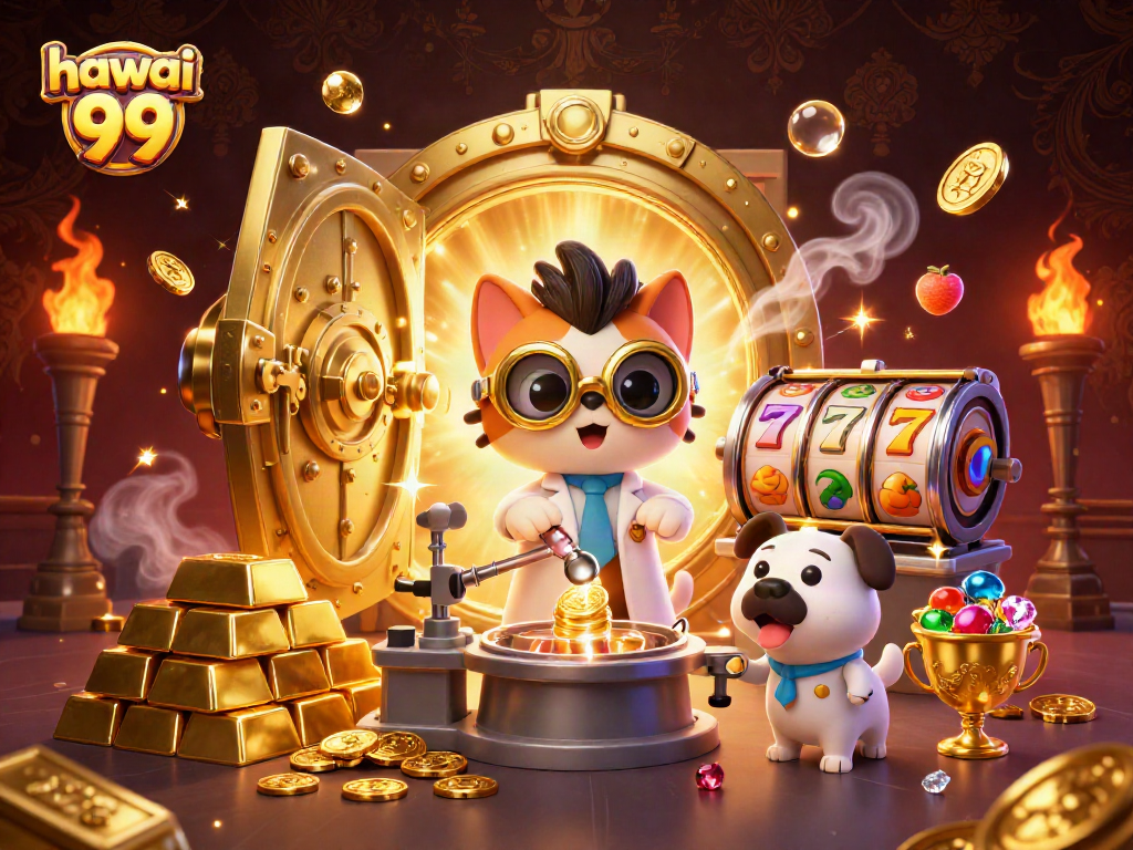 Experience the thrill of hawai 99 in this vibrant casino scene featuring a mad scientist cat and dynamic slot elements.