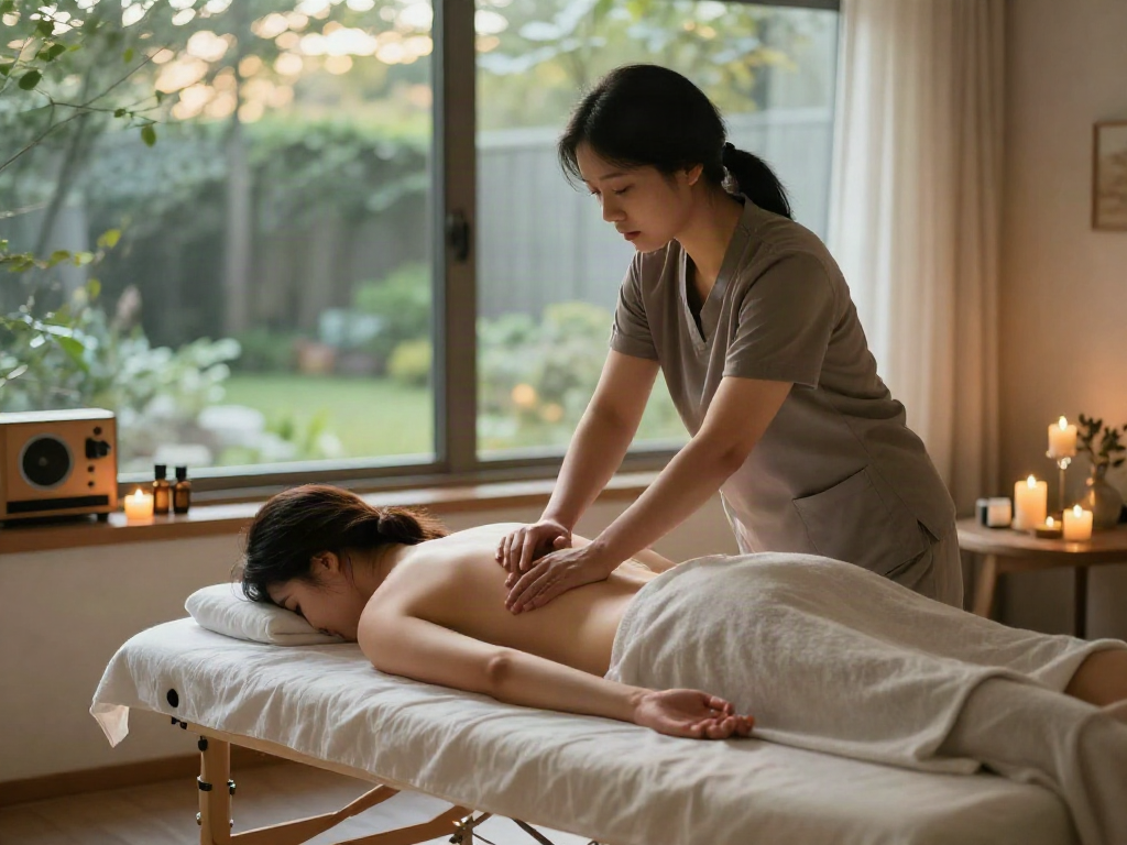 Experienced therapist providing 강북출장마사지 in a tranquil home environment with calming candles.
