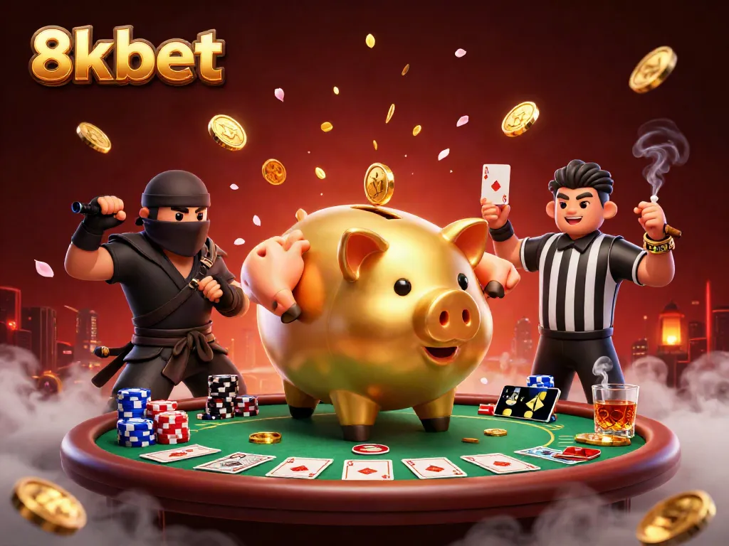Experience thrilling victories at 8xbet with an epic gambling scene involving a piggy bank wrestler and poker elements.