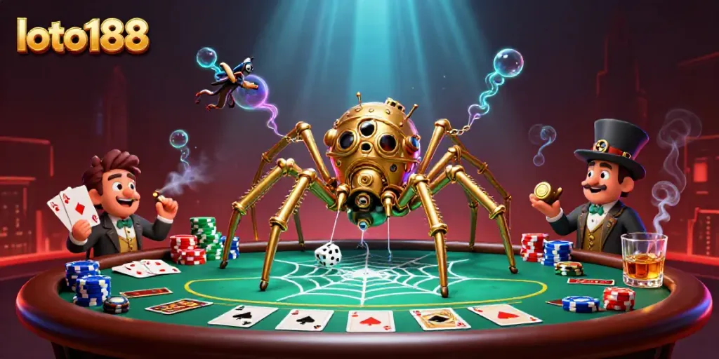 Engage with loto188's thrilling poker scene featuring a whimsical golden spider and poker game elements.