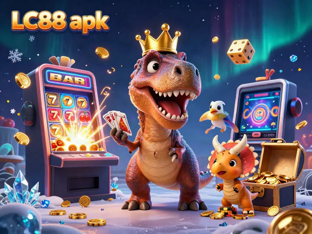 Experience the excitement with LC88 apk, a vibrant 3D casino illustration featuring a T-Rex, Pterodactyl, and Triceratops with gaming elements.