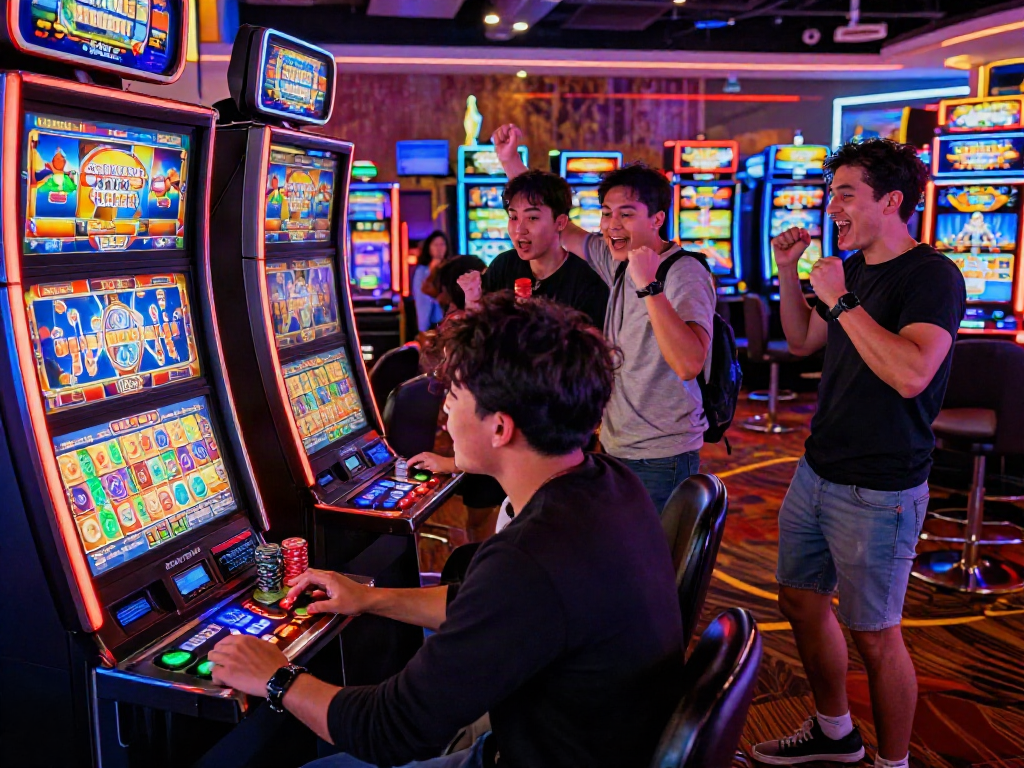 Group of friends celebrating at a slot gacor machine in a vibrant casino.