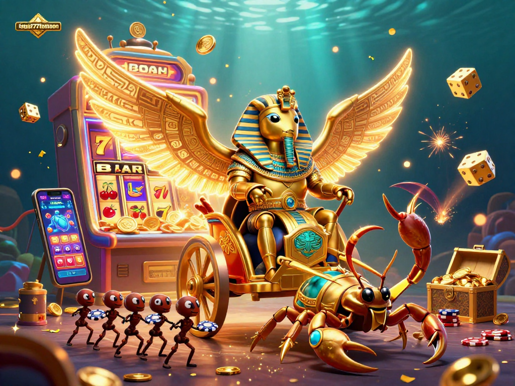 Experience the excitement of fokus777tomoon with a vivid 3D casino scene featuring vibrant characters and dynamic game elements.