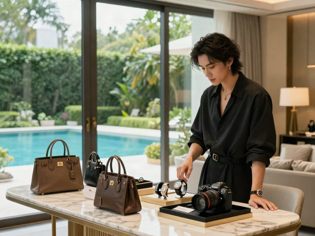 Interior mewah dengan individu mengenakan fashion mewah dan barang-barang luxury111 yang elegan.