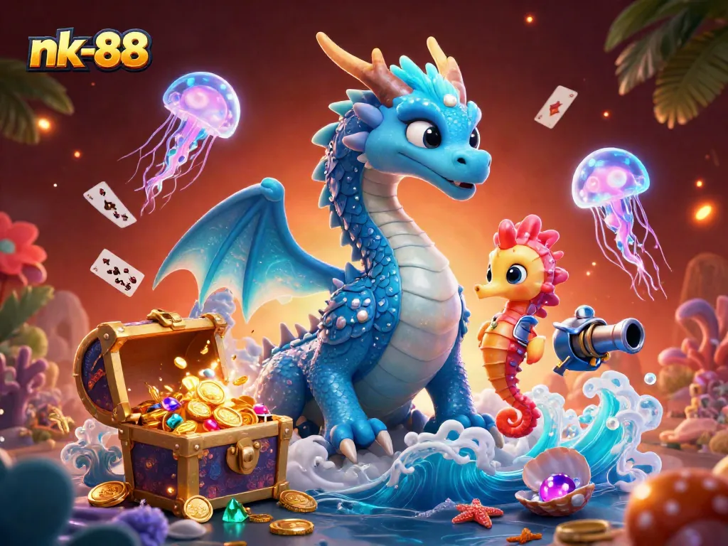 Engage in thrilling casino adventures with nk-88, featuring a vibrant illustration of dragons and treasure.