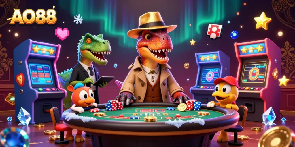 AO88 velociraptor card counter at a blackjack table with casino game elements in vibrant action.