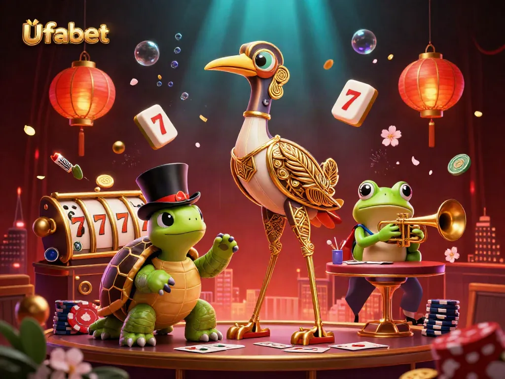 Experience dynamic gaming excitement with Ufabet's vibrant 3D casino scene featuring lively characters and slot game elements.